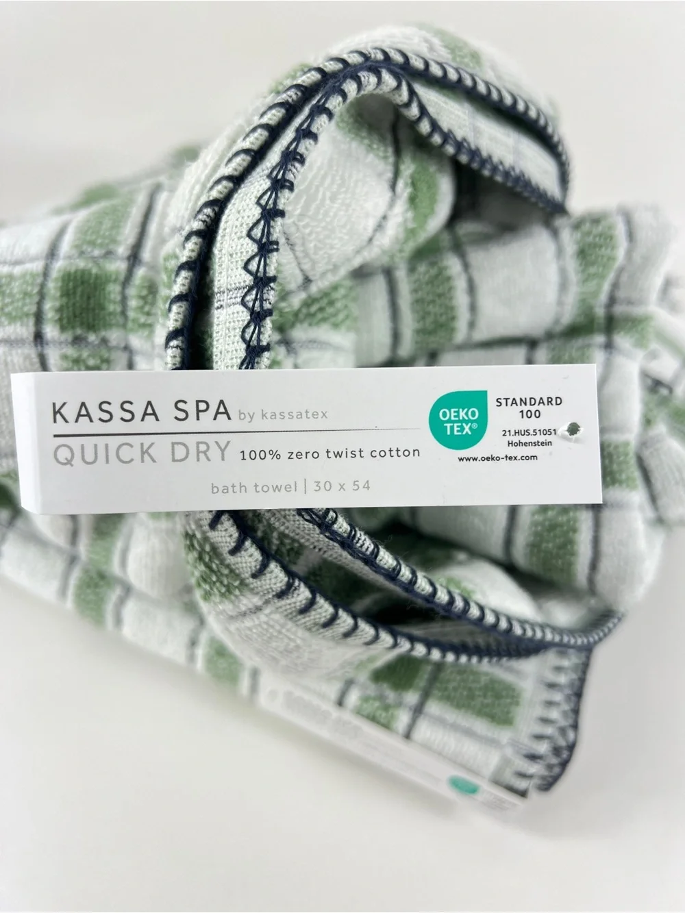 Kassa Spa Kassatex Bath Towel Set Green White Black Stripe Soft Cotton 2 Pc NEW
